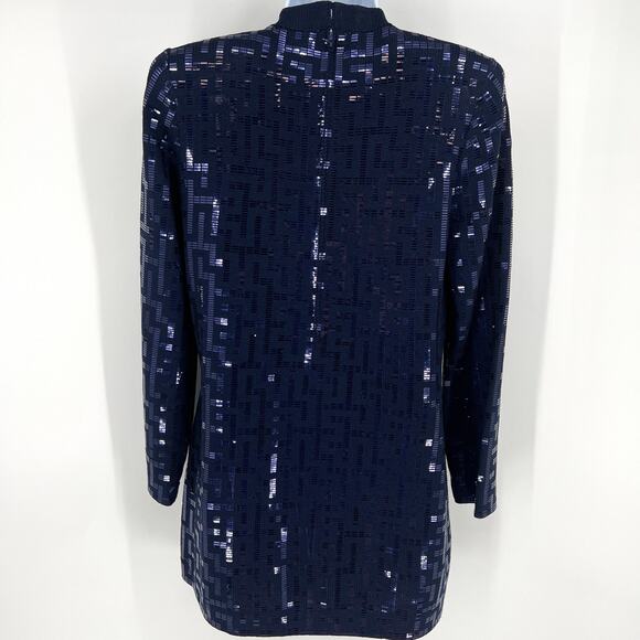 St. John Evening Geometric Greek Key Pattern Navy Sequin Long Sleeved Dress 8 - Picture 3 of 9